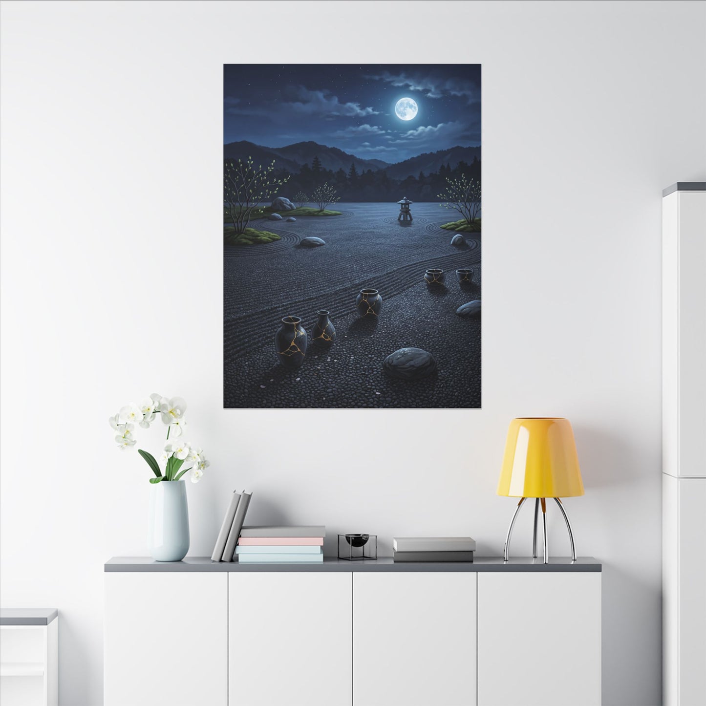 Kintsugi Moonlit Garden in Moonlight | Gold Repair Canvas Art