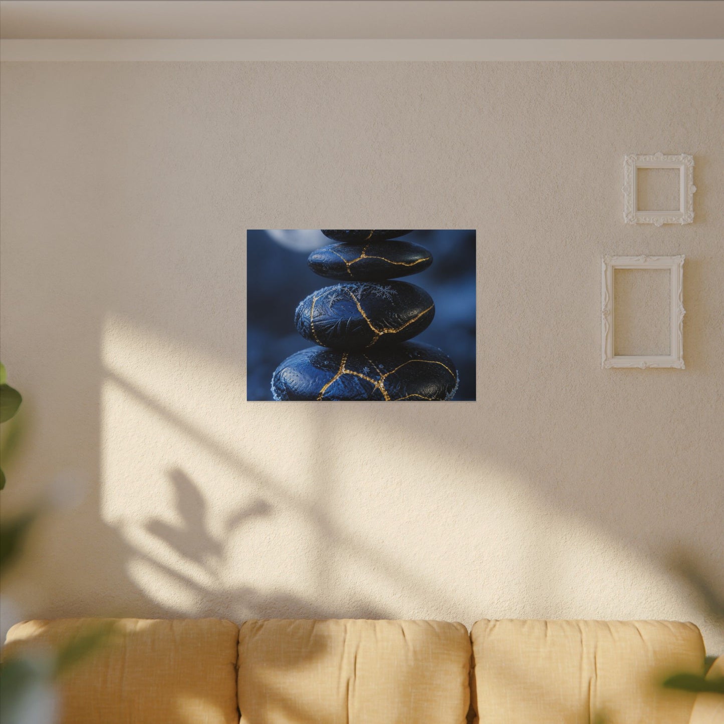 River Stones Canvas Art | Winter Kintsugi Gold Repair Art