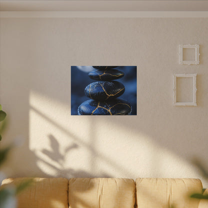 River Stones Canvas Art | Winter Kintsugi Gold Repair Art