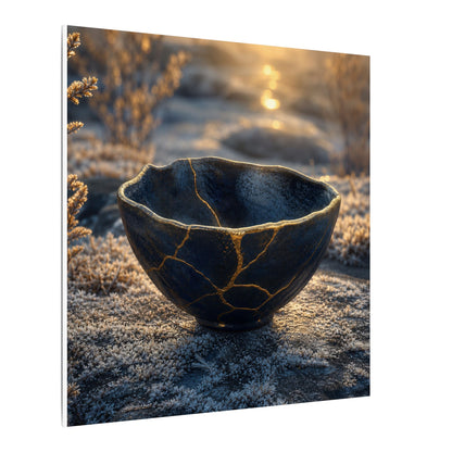 Ceramic Bowl Canvas Art | Winter Kintsugi Gold Repair Art