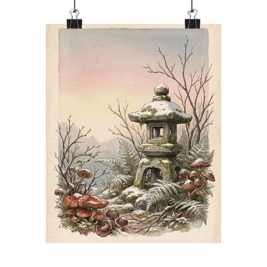 Stone Lantern Mushroom Illustration Wall Art Print | Nostalgic Cottagecore Art Art Print