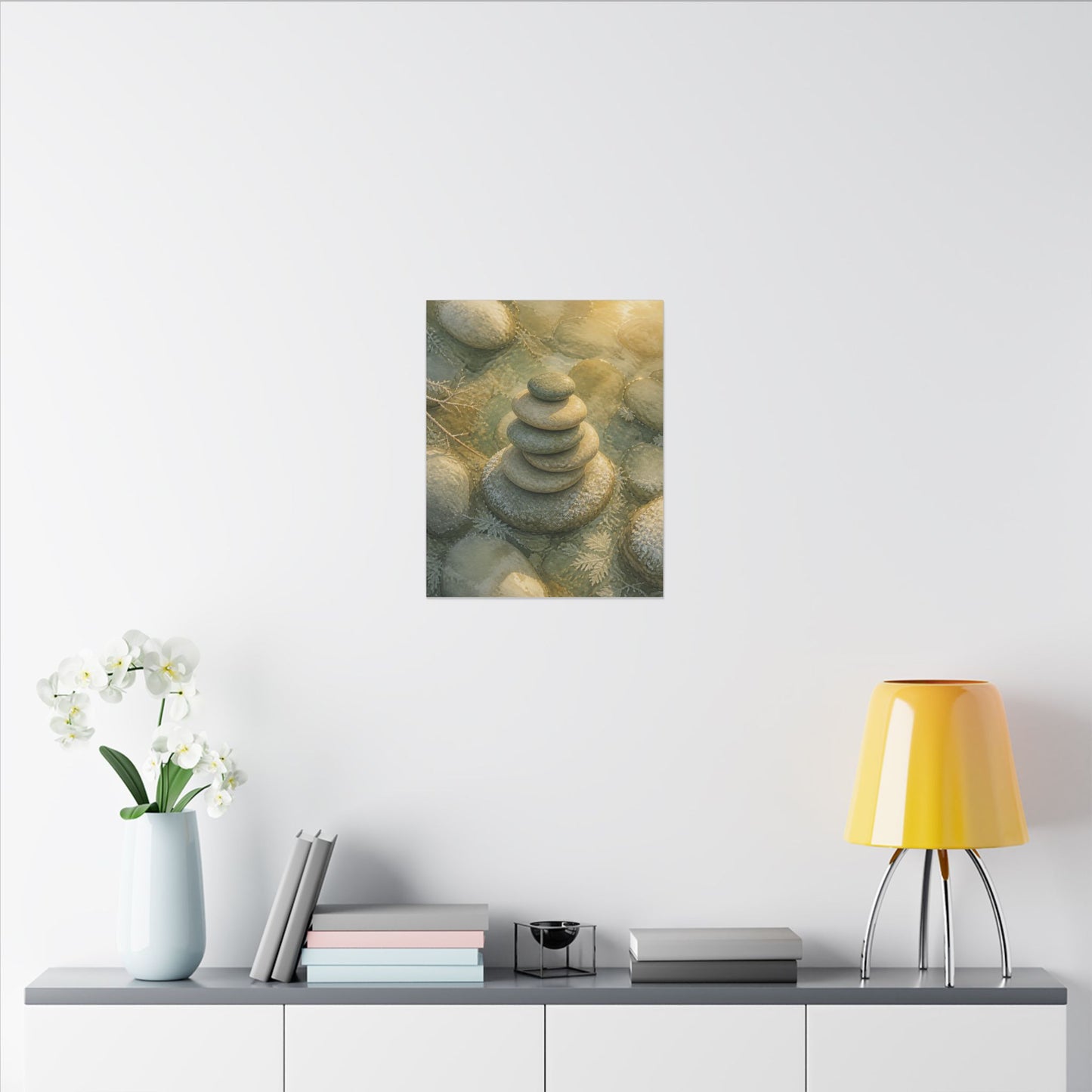 River Stones Watercolor Canvas Art | Elegant Japandi Art