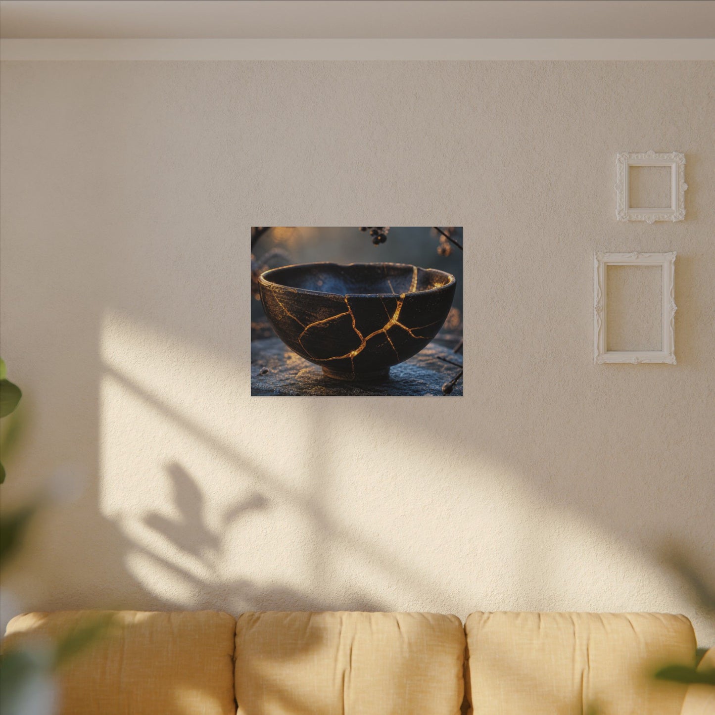 Ceramic Bowl Canvas Art | Winter Kintsugi Gold Repair Art