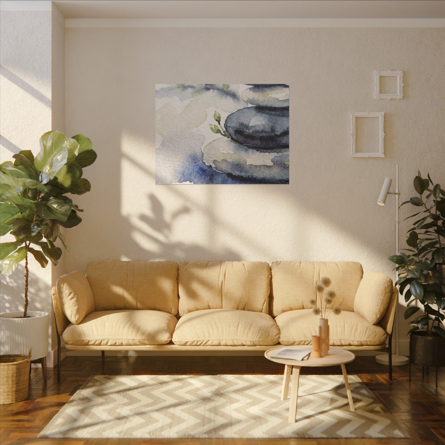 River Stones Watercolor Canvas Art | Cozy Japandi Art