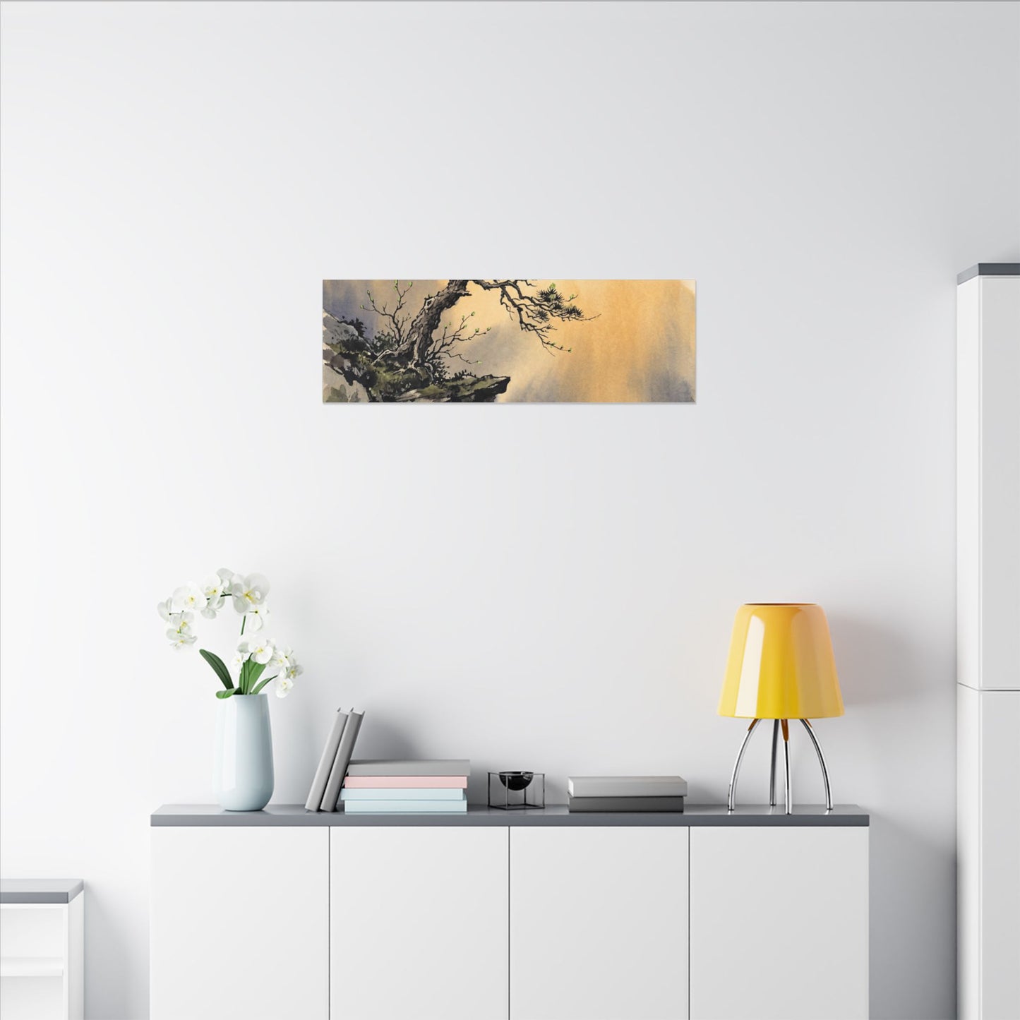 Zen Pine Tree in Golden Hour | Sumi E Canvas Art