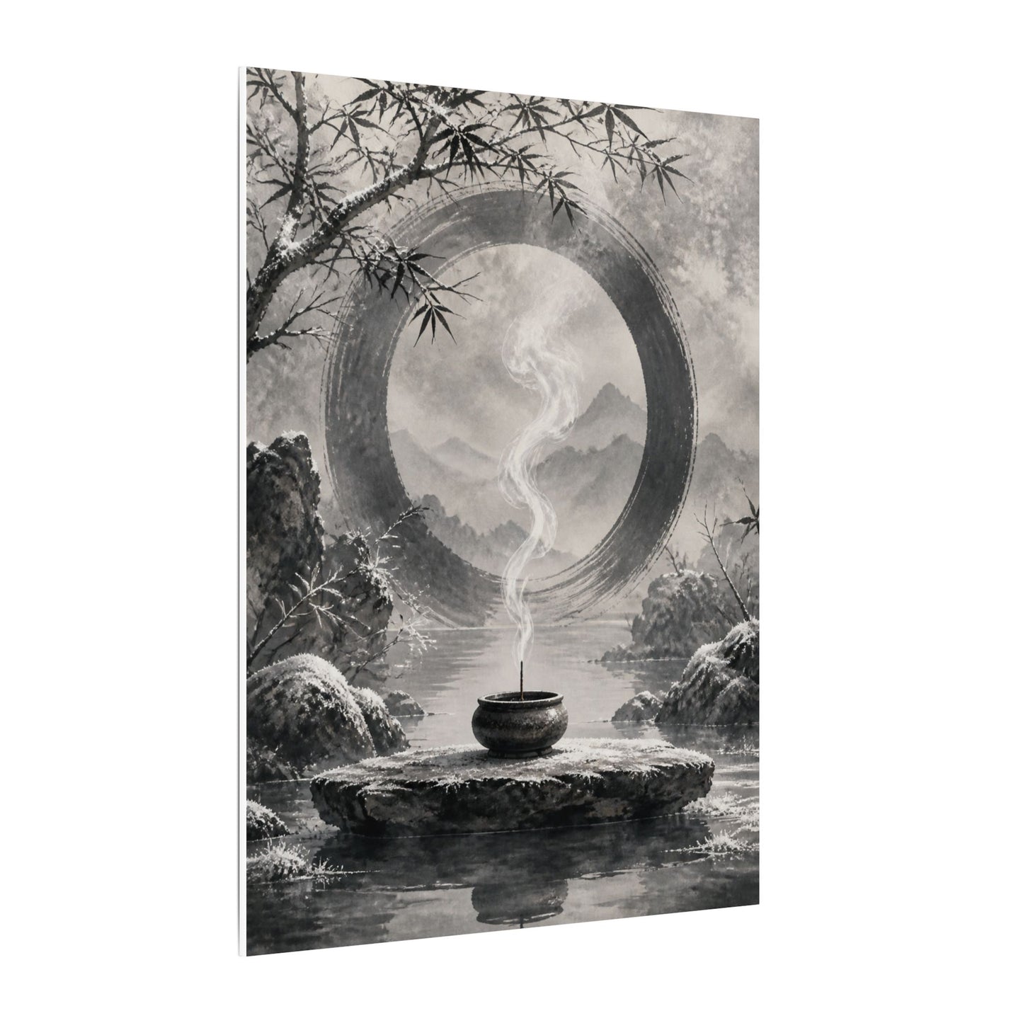 Incense Smoke Canvas Art | Winter Zen Sumi E Art
