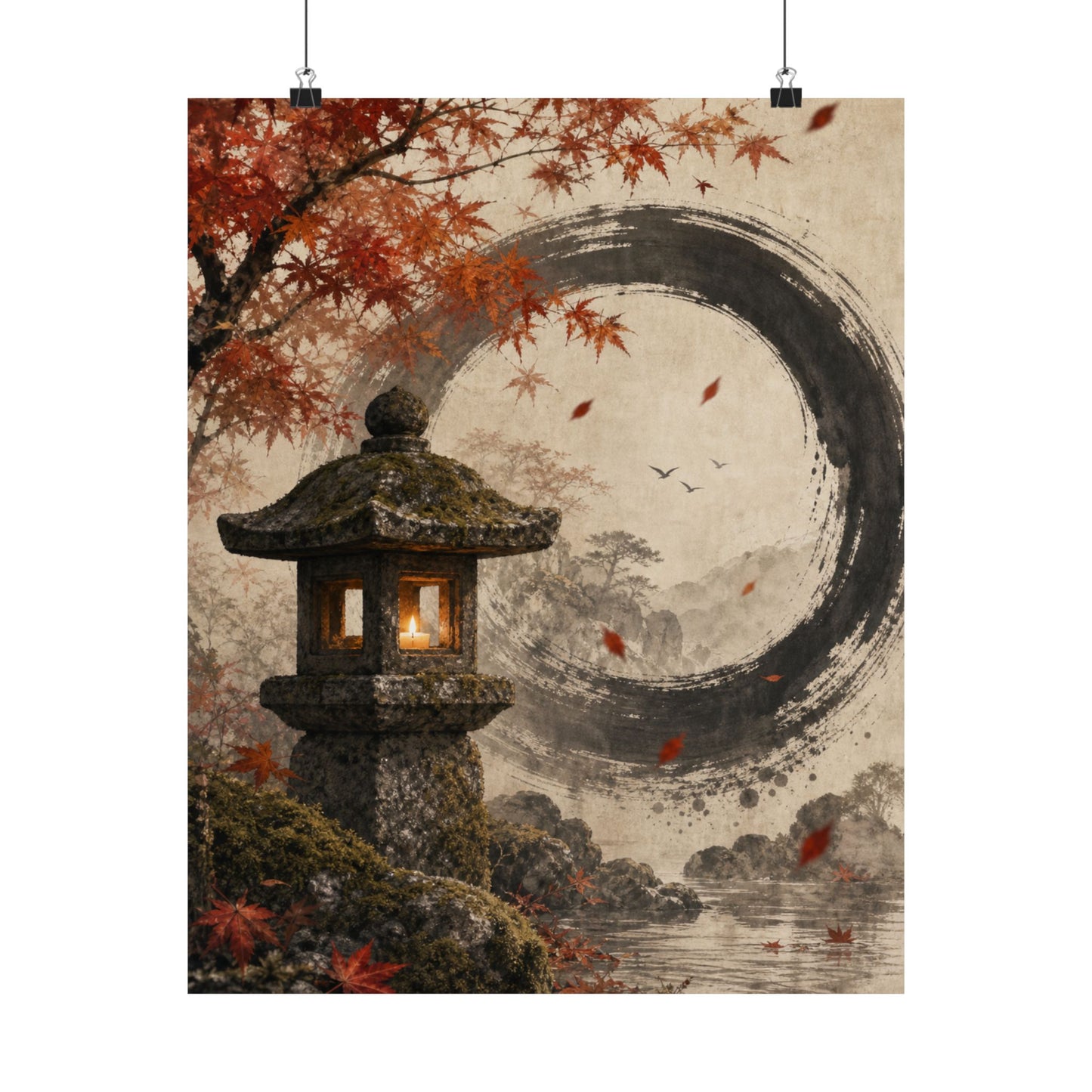 Autumn Stone Lantern Enso Wall Art Print | Serene Decor