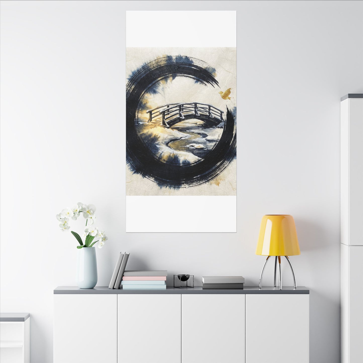 Winter Wooden Bridge Enso Canvas Art | Serene Decor