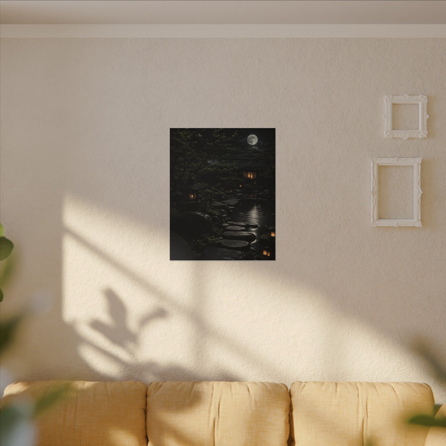 Moonlit Garden Shadow Zen Canvas Art | Sophisticated Dark Japandi Art