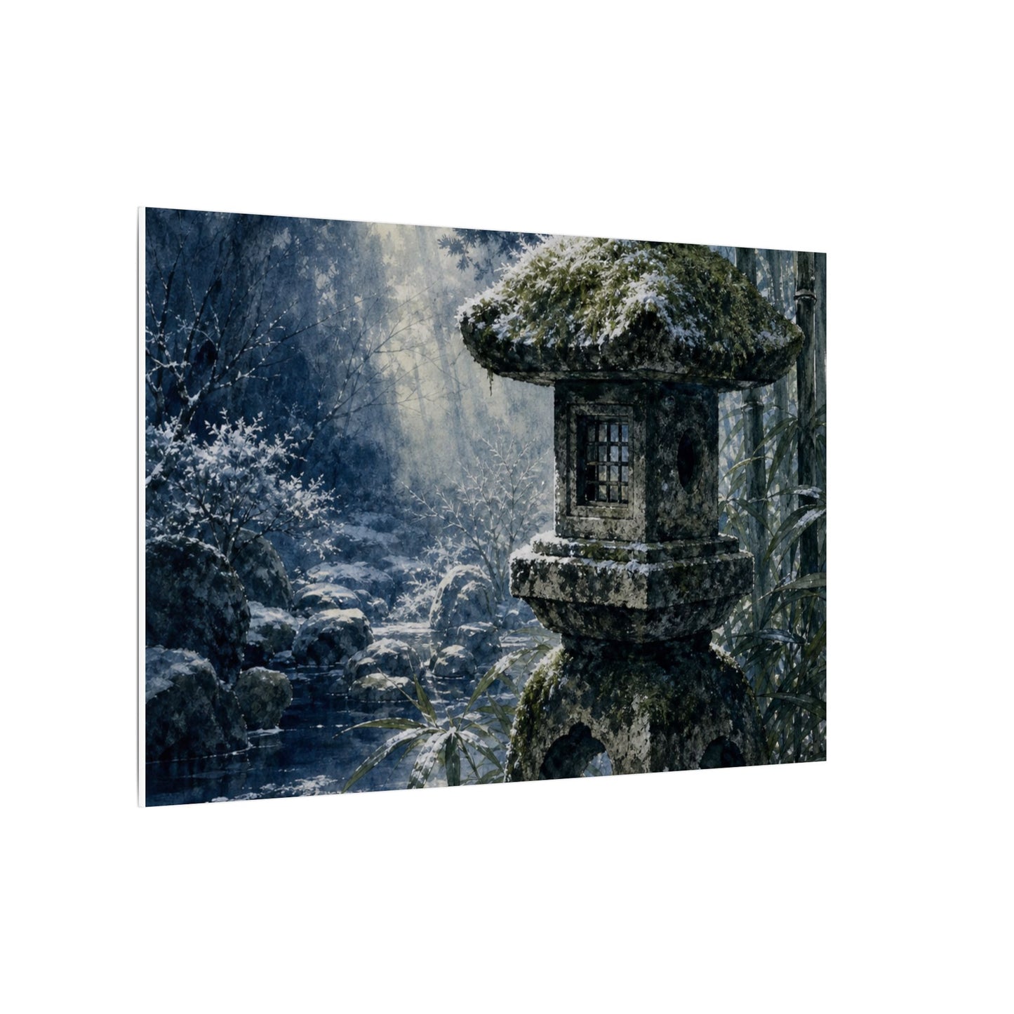 Zen Stone Lantern in Dappled | Sumi E Canvas Art