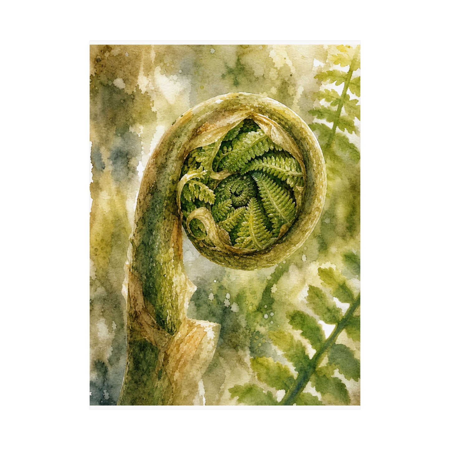 Elegant Fern Unfurling Wall Art Print - Watercolor Japandi