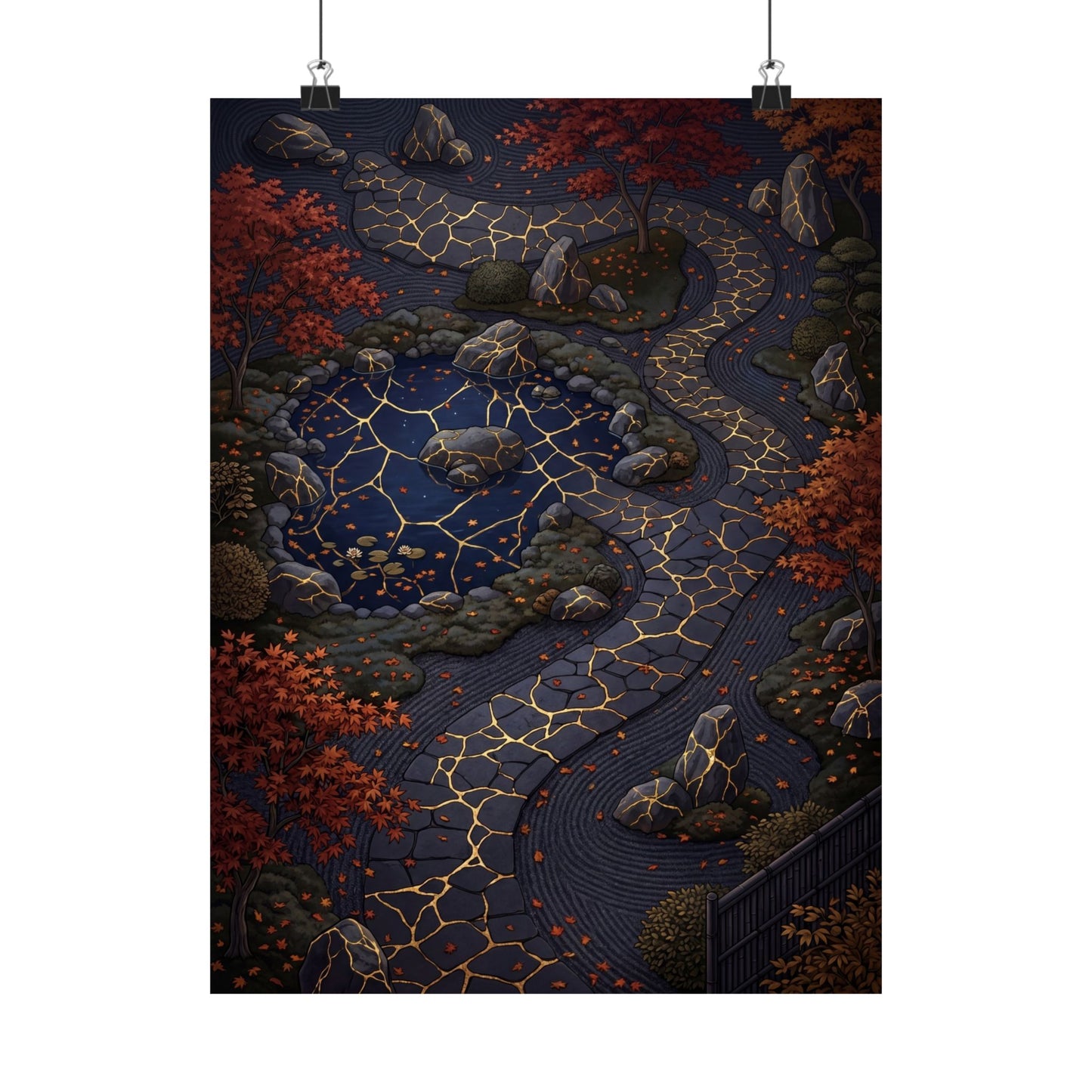 Moonlit Garden Wall Art Print | Autumn Kintsugi Gold Vein Art