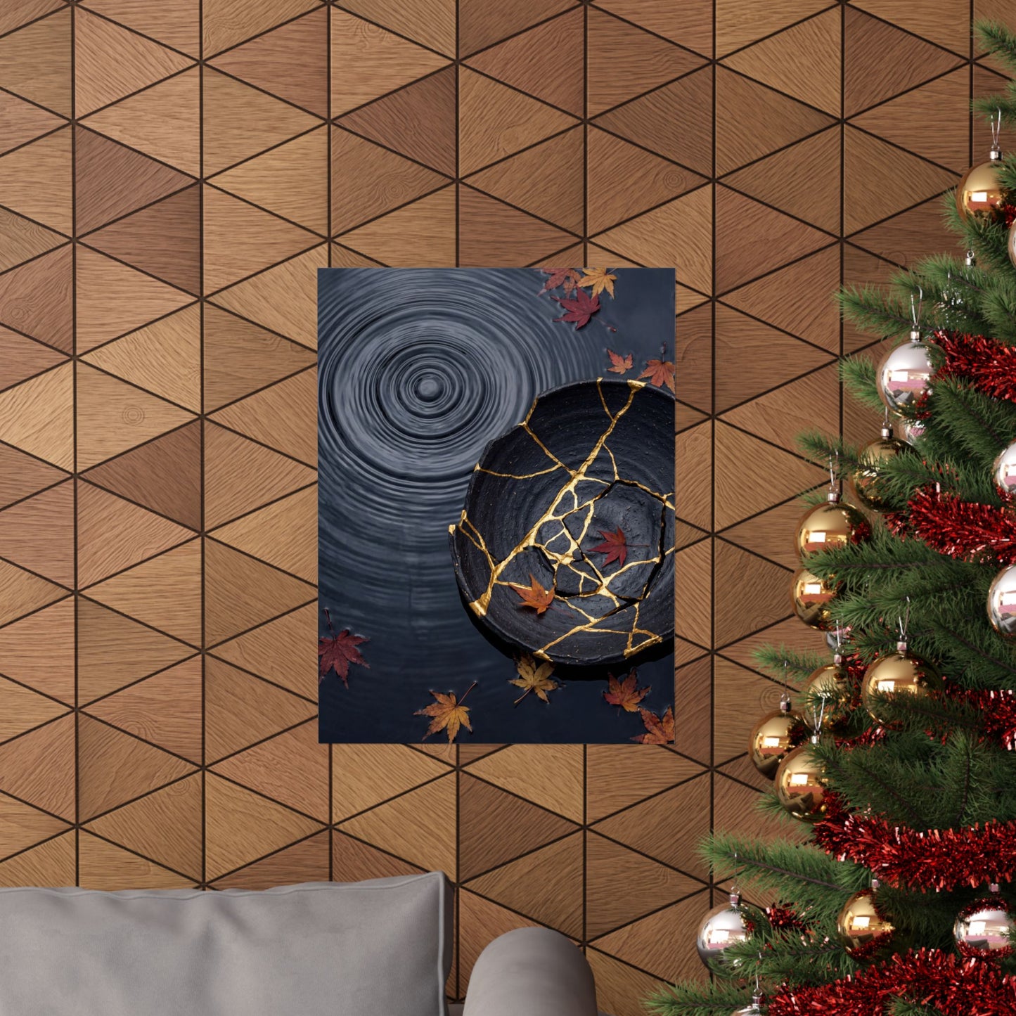 Kintsugi Water Ripple in Overcast | Gold Repair Wall Art Print
