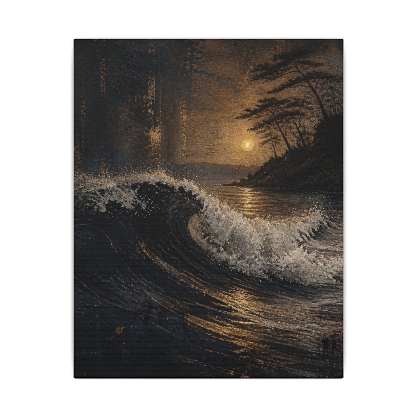 Ocean Wave Dark Texture Canvas Art | Bold Dark Japandi Art