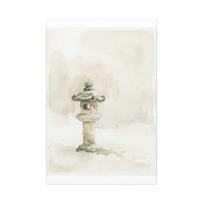 Stone Lantern Winter Canvas Art | Japandi Earthy Design