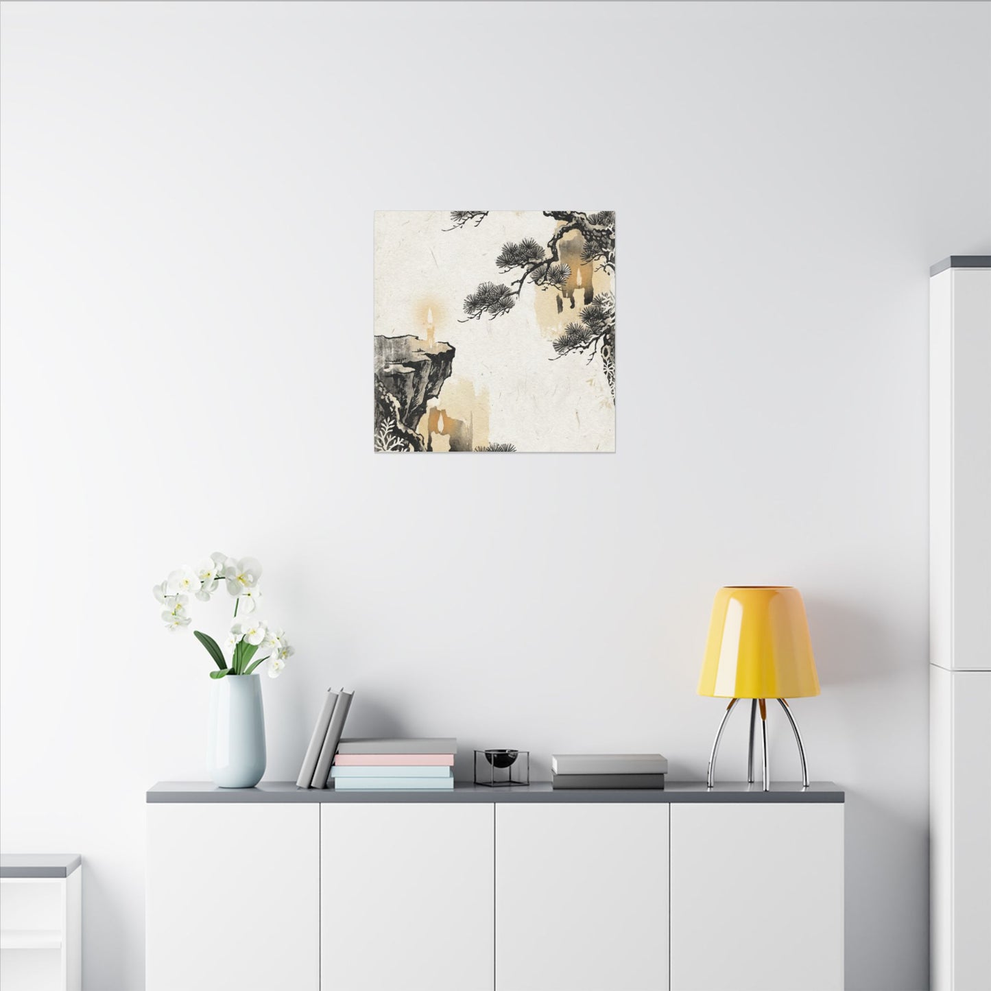 Japandi Pine Tree in Candlelight | Japanese Pattern Canvas Art