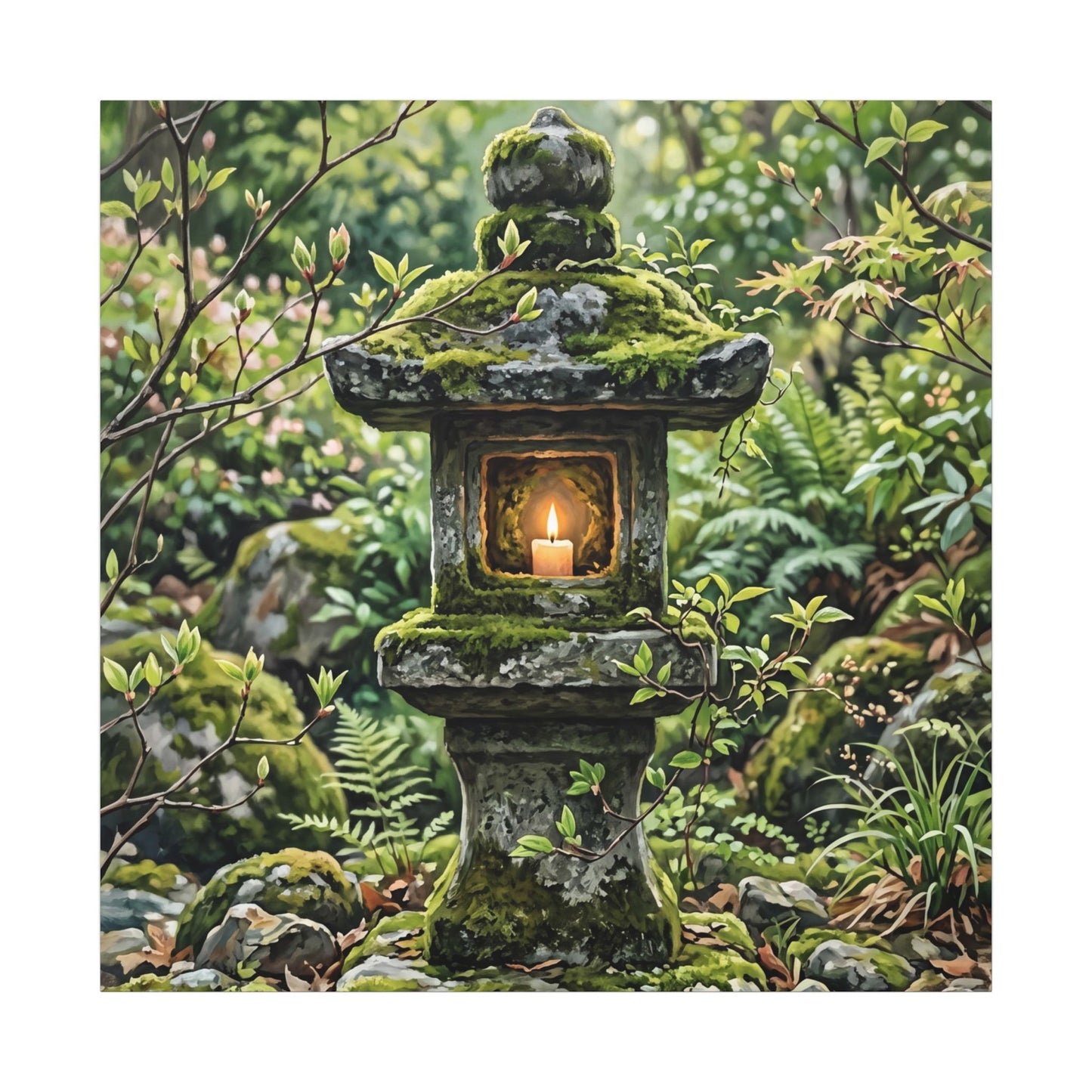 Neutral Stone Lantern Canvas Art - Japanese Pattern Japandi