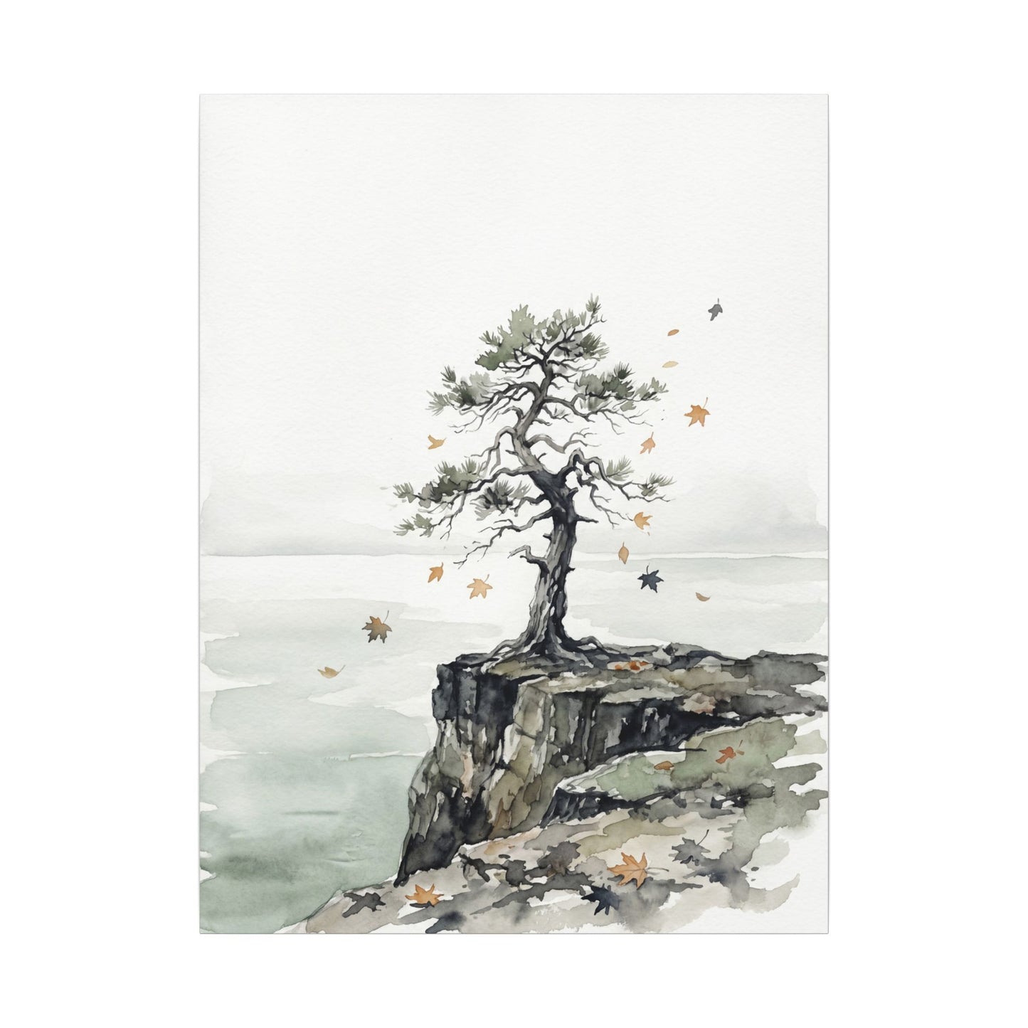 Japandi Pine Tree in Overcast | Watercolor Canvas Art