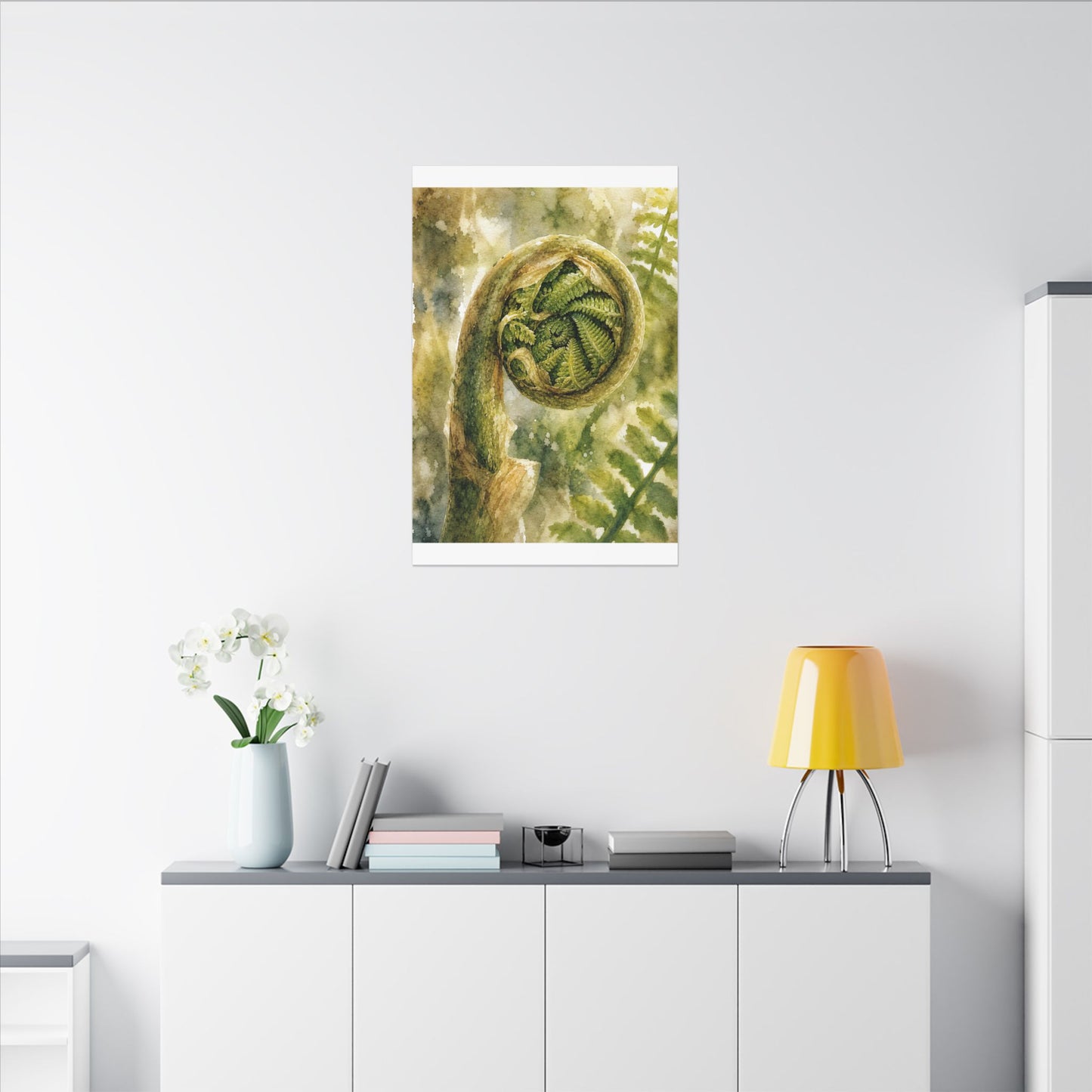 Japandi Fern Unfurling in Dappled | Watercolor Canvas Art
