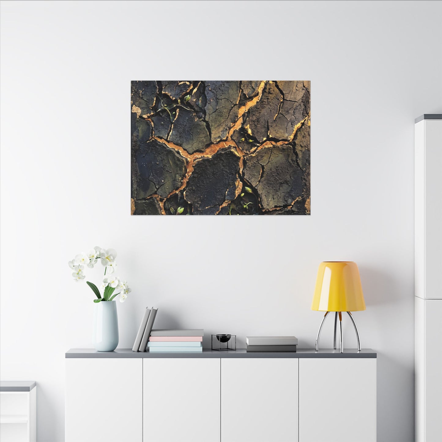 Cracked Earth Spring Canvas Art | Dark Japandi Atmospheric Design