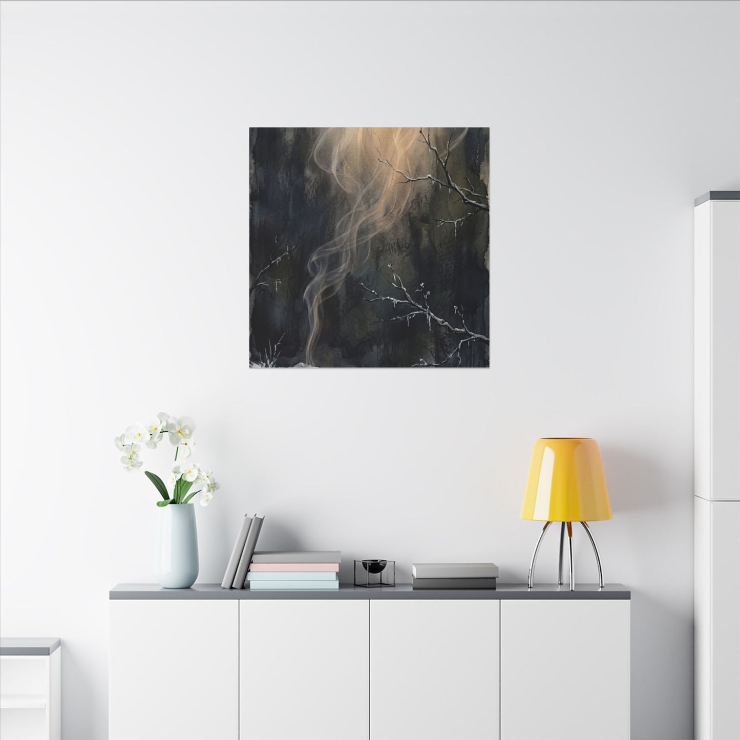 Incense Smoke Winter Canvas Art | Dark Japandi Moody Design