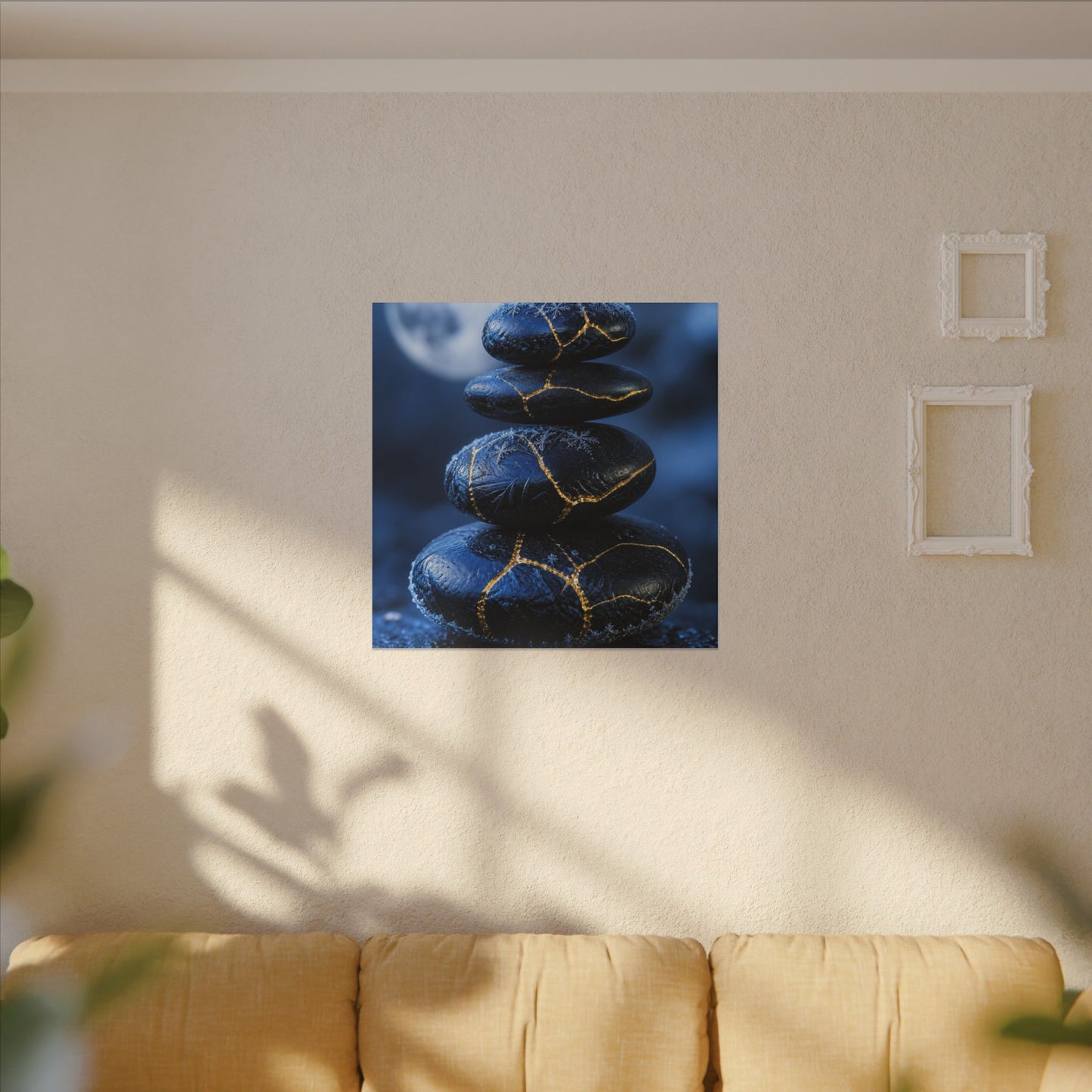 River Stones Canvas Art | Winter Kintsugi Gold Repair Art