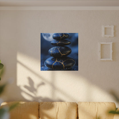 River Stones Canvas Art | Winter Kintsugi Gold Repair Art