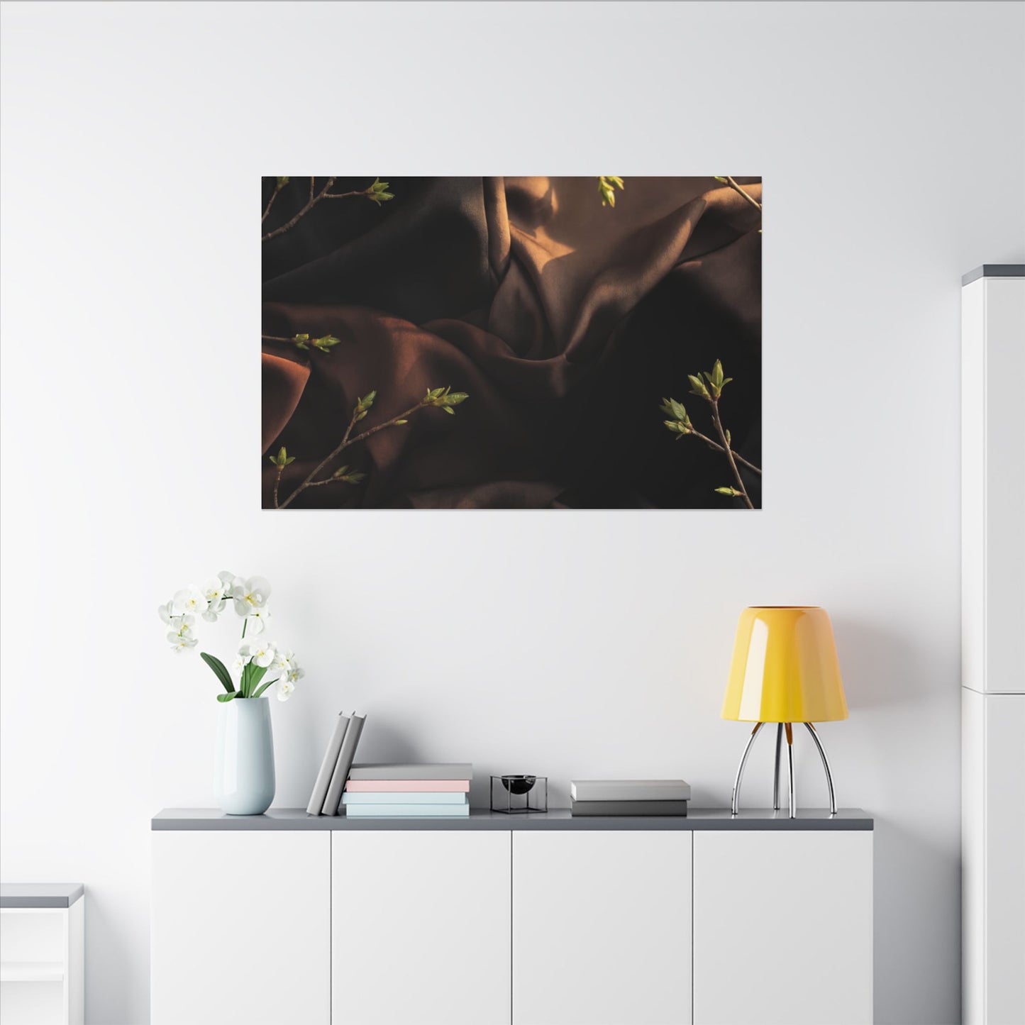 Dark Japandi Silk Drape in Golden Hour | Moody Minimal Canvas Art