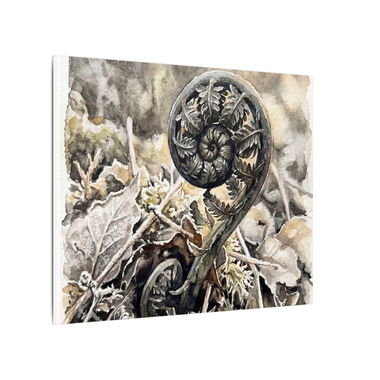 Japandi Fern Unfurling in Golden Hour | Watercolor Canvas Art