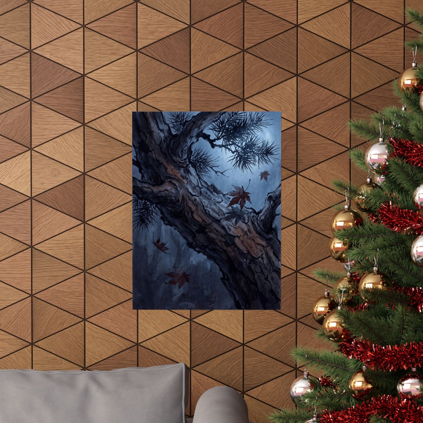 Kanso Pine Tree Wall Art Print - Dark Japandi Shadow Zen