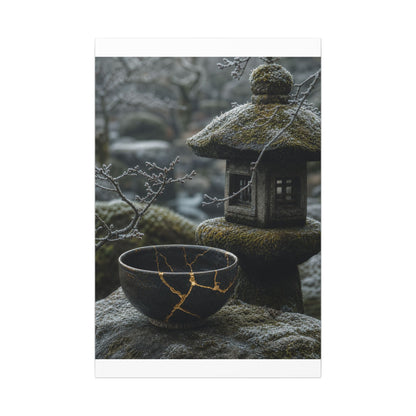 Stone Lantern Canvas Art | Winter Kintsugi Gold Repair Art