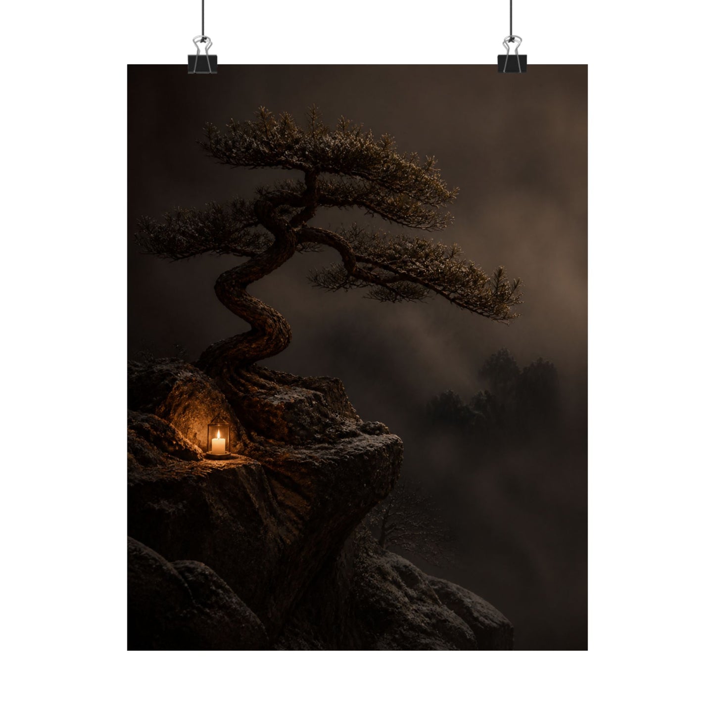 Candlelight Pine Tree Wall Art Print - Dark Japandi Kanso