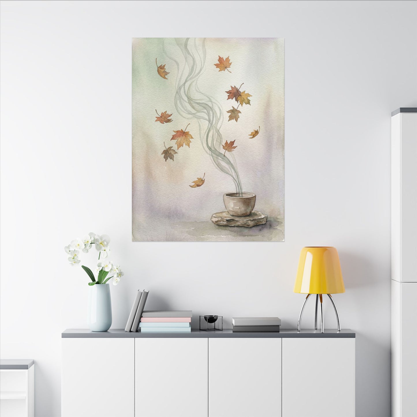 Incense Smoke Canvas Art | Autumn Japandi Watercolor Art