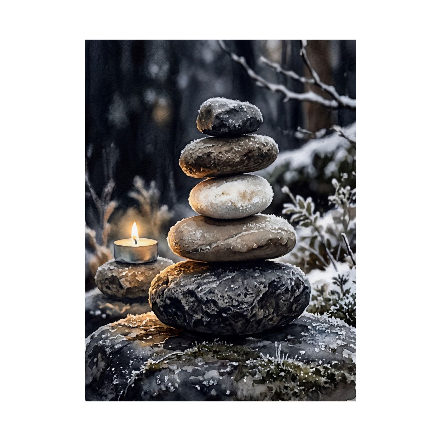 River Stones Wall Art Print | Winter Japandi Watercolor Art