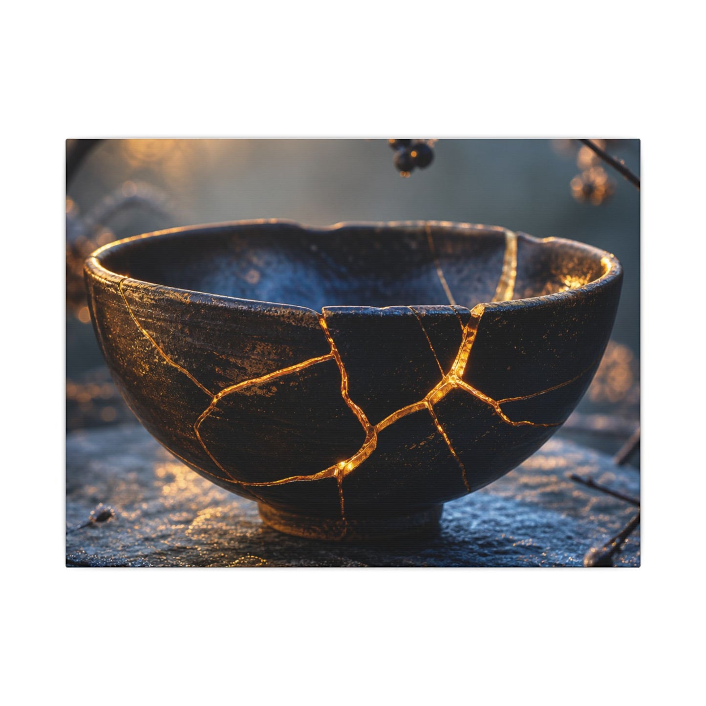 Ceramic Bowl Canvas Art | Winter Kintsugi Gold Repair Art