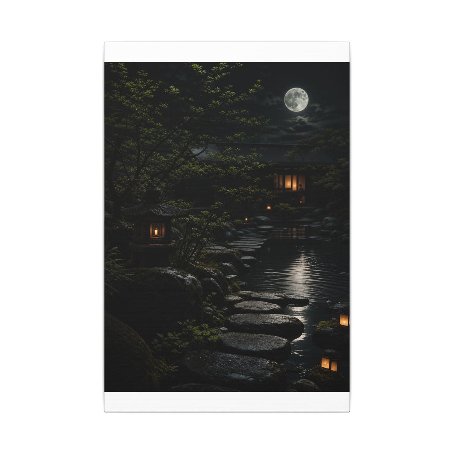 Moonlit Garden Shadow Zen Canvas Art | Sophisticated Dark Japandi Art