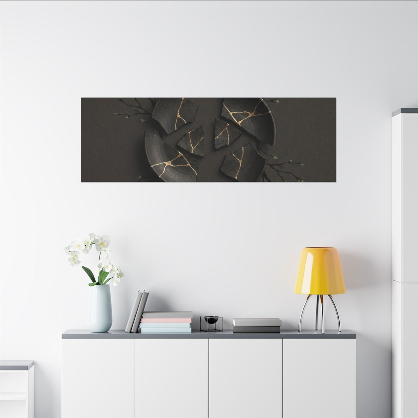 Sophisticated Broken Pottery Canvas Art - Charcoal Ink Dark Japandi