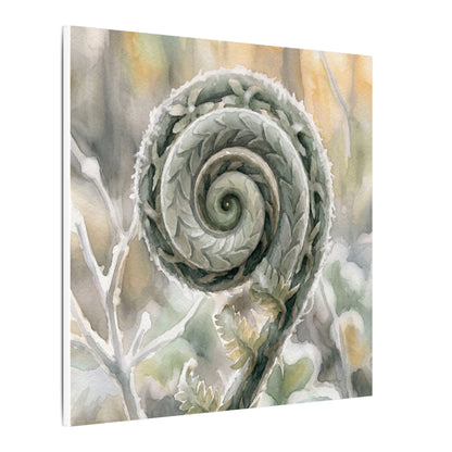 Winter Fern Unfurling Watercolor Canvas Art | Cozy Decor