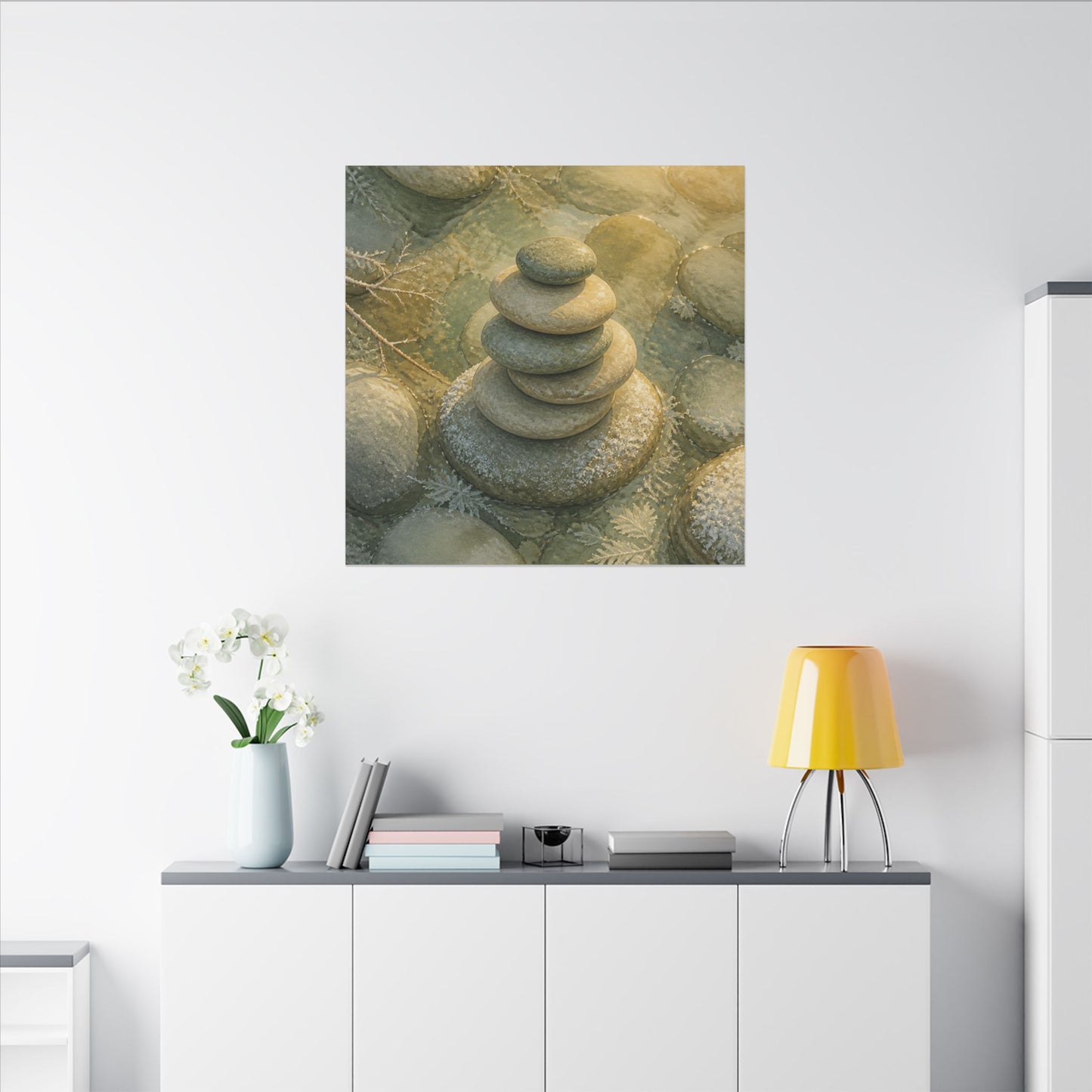 River Stones Watercolor Canvas Art | Elegant Japandi Art
