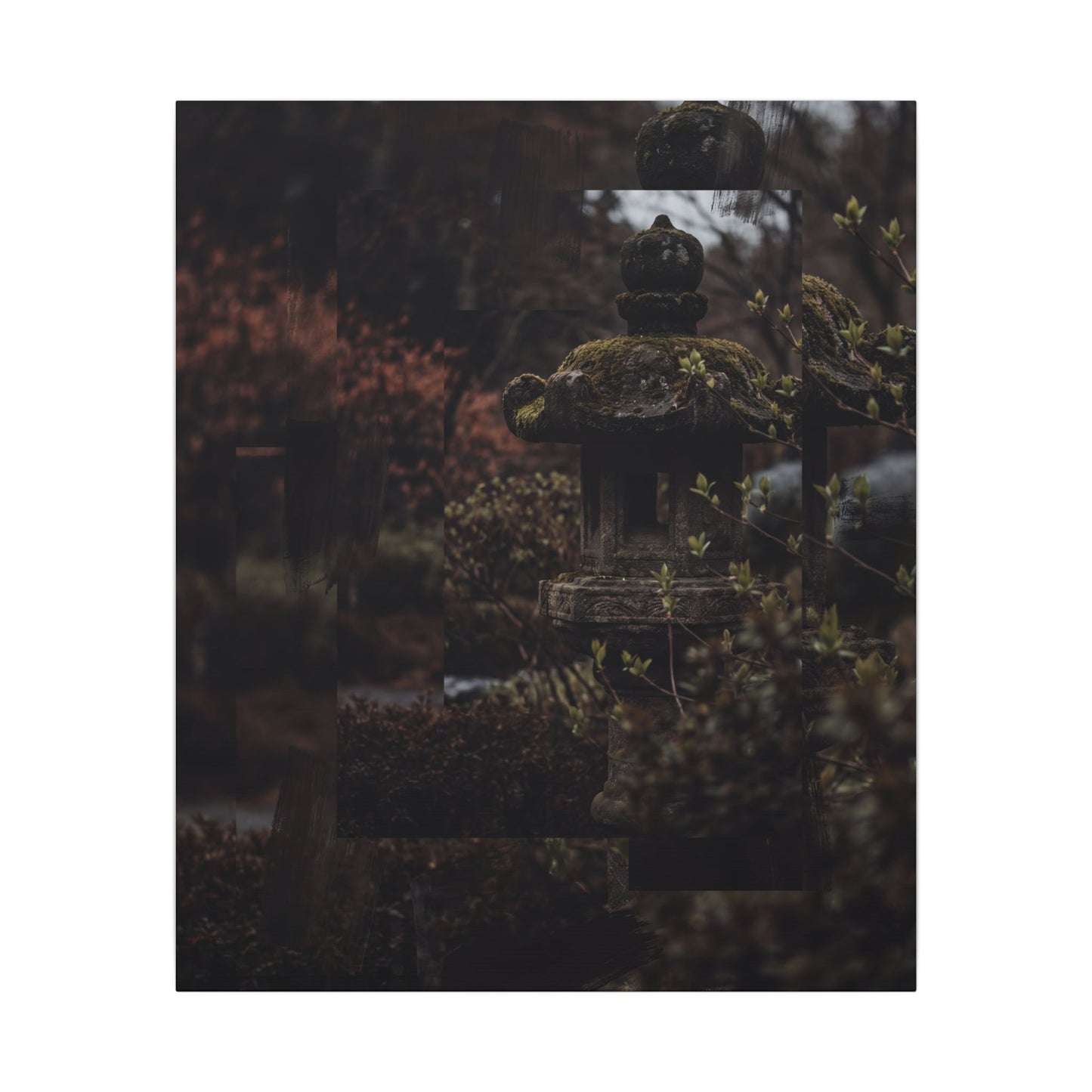 Stone Lantern Spring Canvas Art | Dark Japandi Bold Design