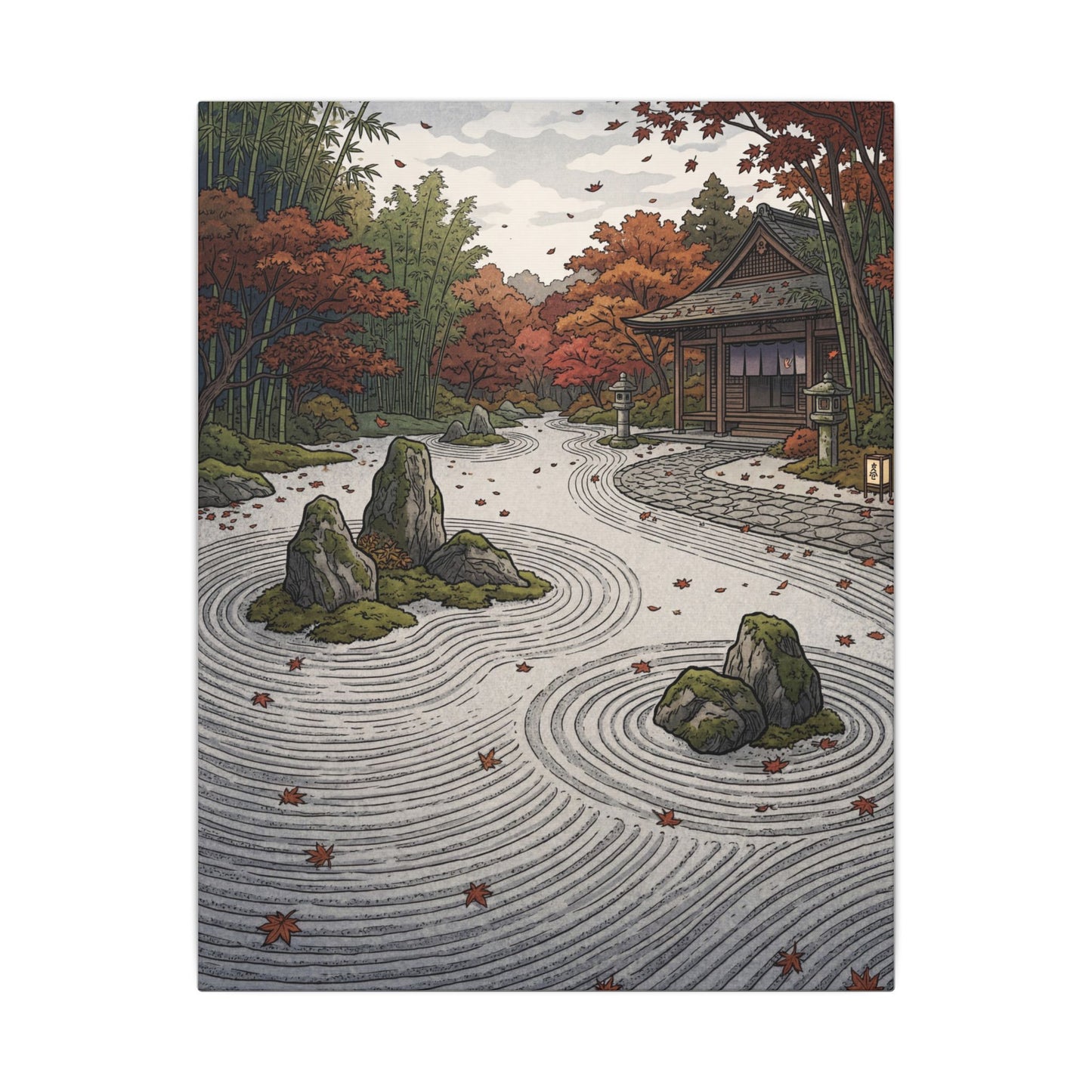Autumn Rock Garden Ukiyo E Inspired Canvas Art | Peaceful Decor