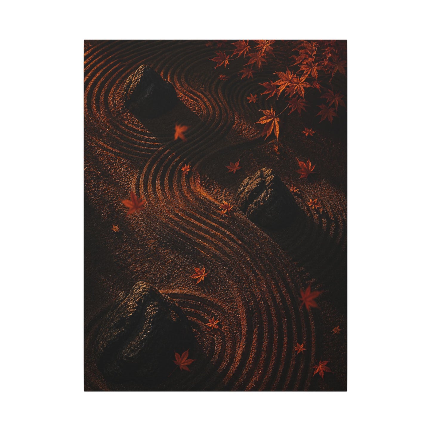 Dark Japandi Rock Garden in Golden Hour | Charcoal Ink Canvas Art