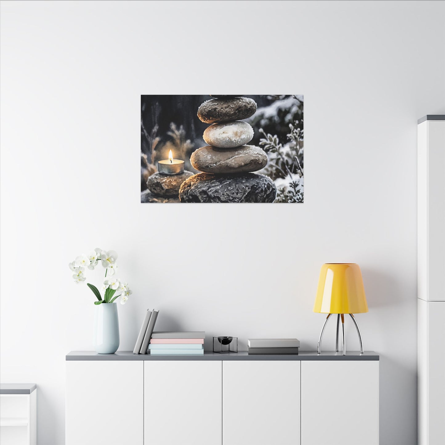 River Stones Canvas Art | Winter Japandi Watercolor Art