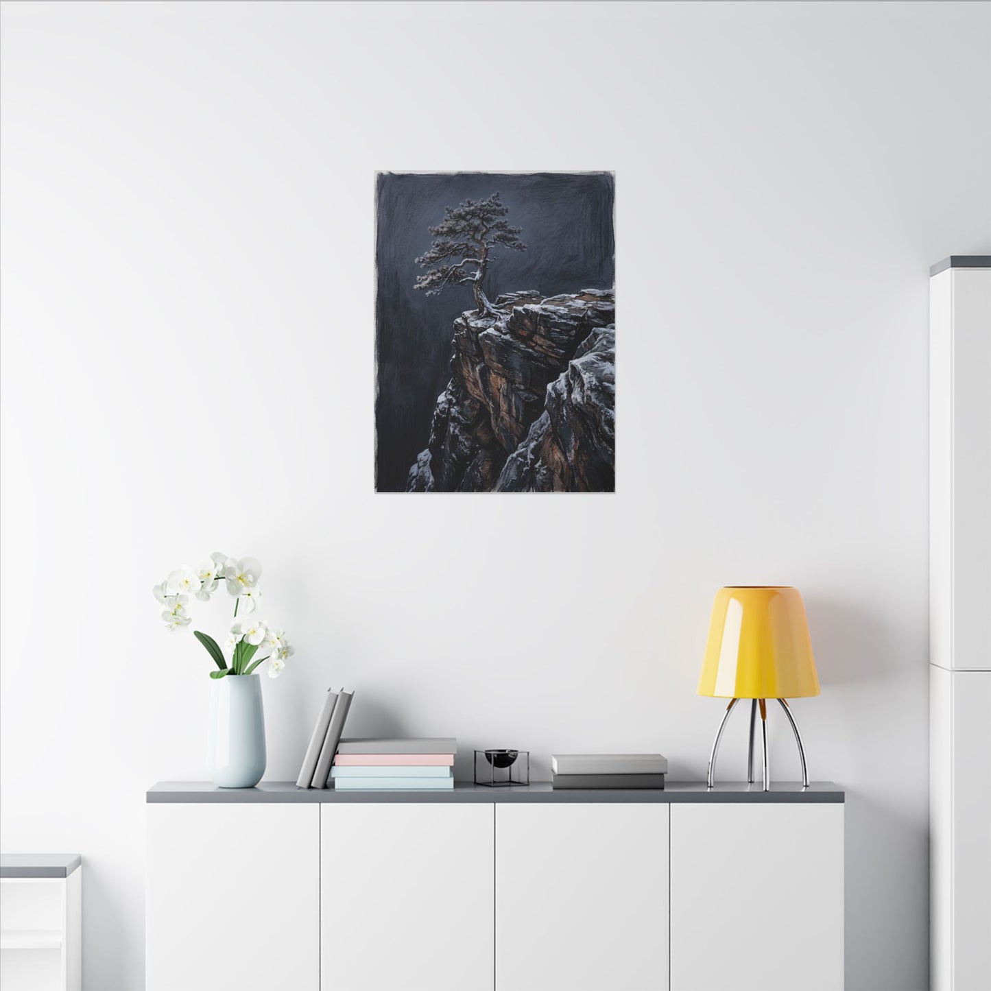 Dark Japandi Pine Tree in Dawn | Dark Texture Canvas Art