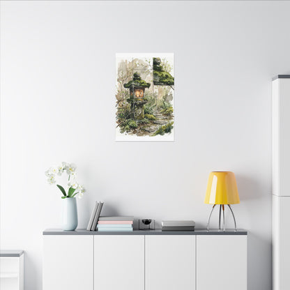 Stone Lantern Watercolor Canvas Art | Elegant Japandi Art