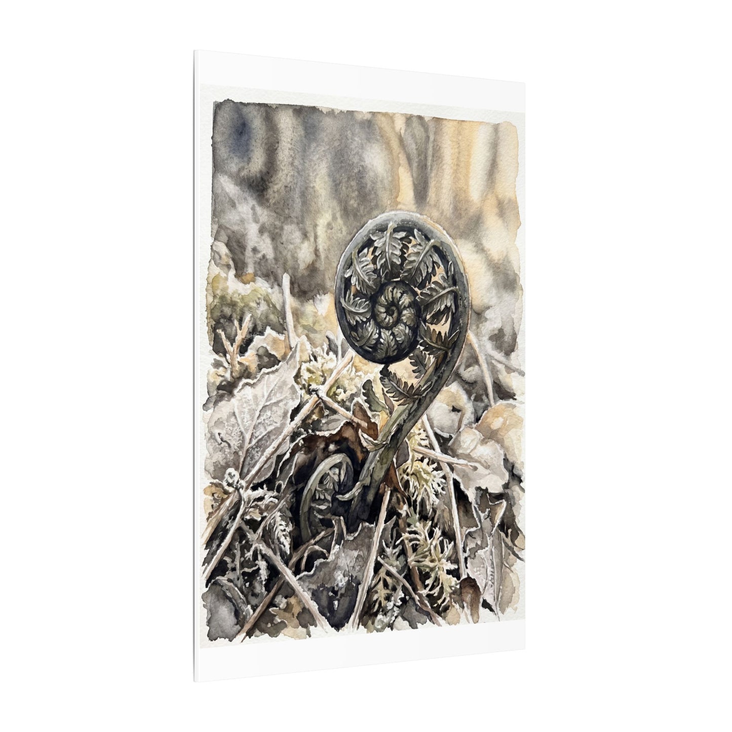 Japandi Fern Unfurling in Golden Hour | Watercolor Canvas Art