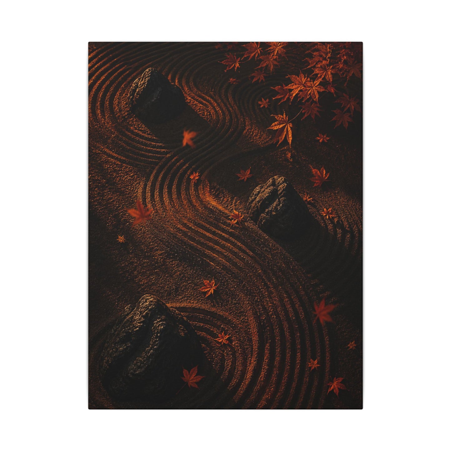 Dark Japandi Rock Garden in Golden Hour | Charcoal Ink Canvas Art