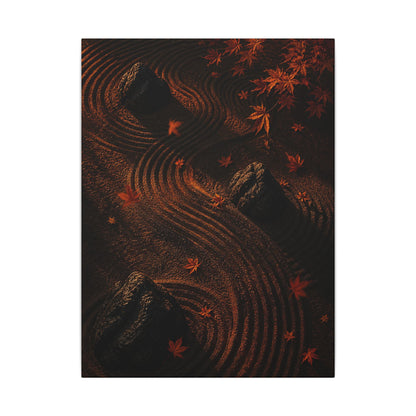 Dark Japandi Rock Garden in Golden Hour | Charcoal Ink Canvas Art