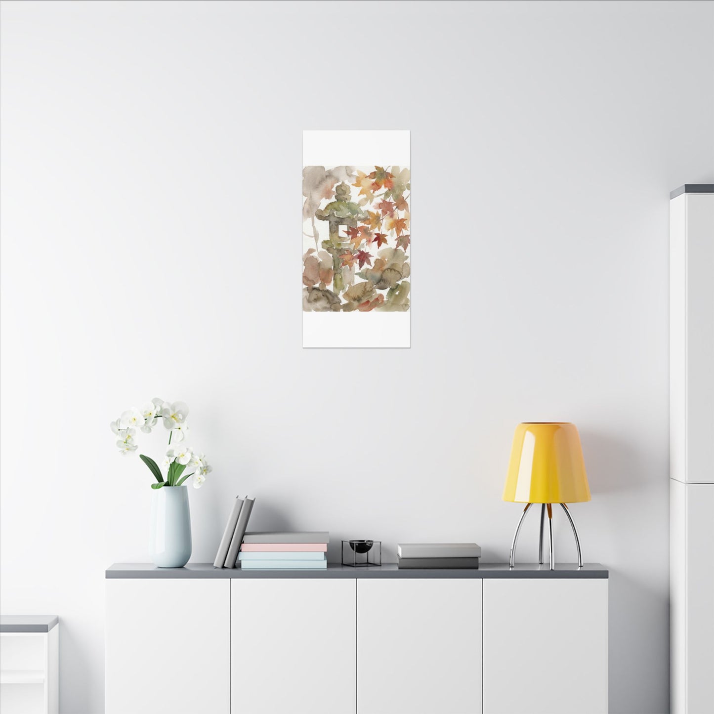 Stone Lantern Watercolor Canvas Art | Earthy Japandi Art