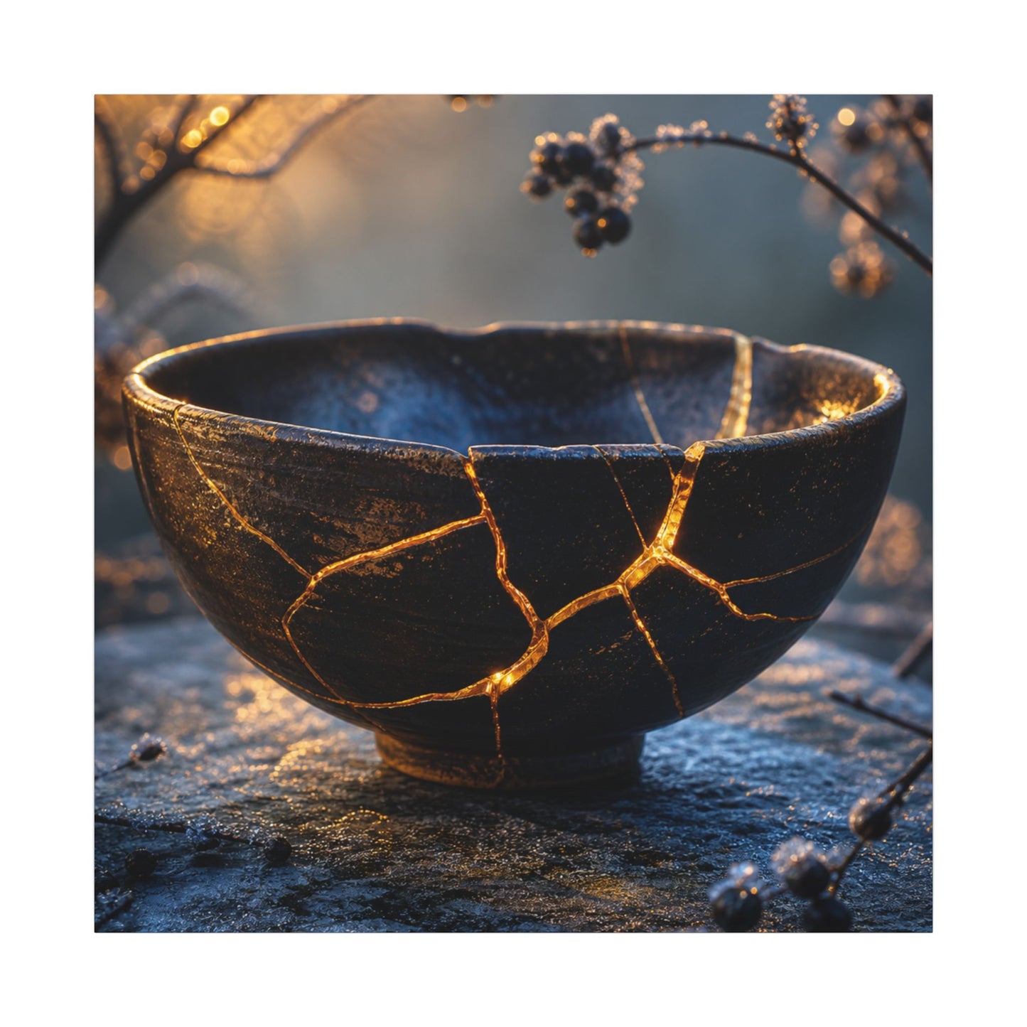 Ceramic Bowl Canvas Art | Winter Kintsugi Gold Repair Art